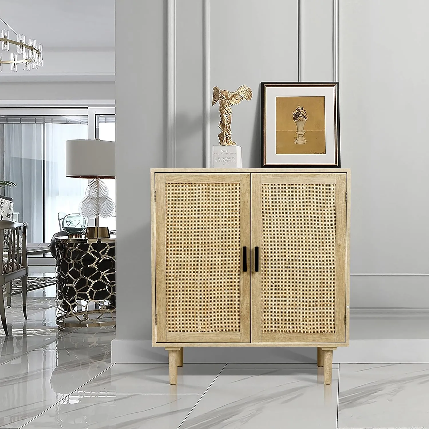 Finnhomy Sideboard Buffet Cabinet, Kitchen Storage Sideboard with Rattan Decorated Doors, Liquor Coffee Buffet, Dining Room, Hallway, Console Table, Accent Cabinet, 31.5X 15.8X 34.6 Inches, Natural