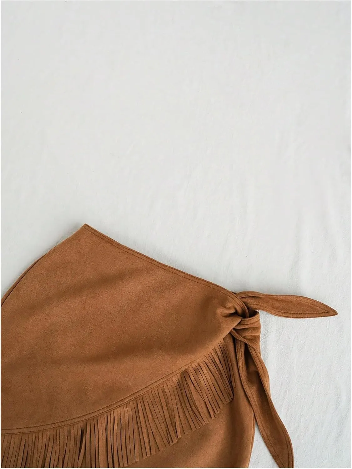 Floerns Women's High Waisted Fringe Hem Mini Skirt Western Tie Side Suede Skirts