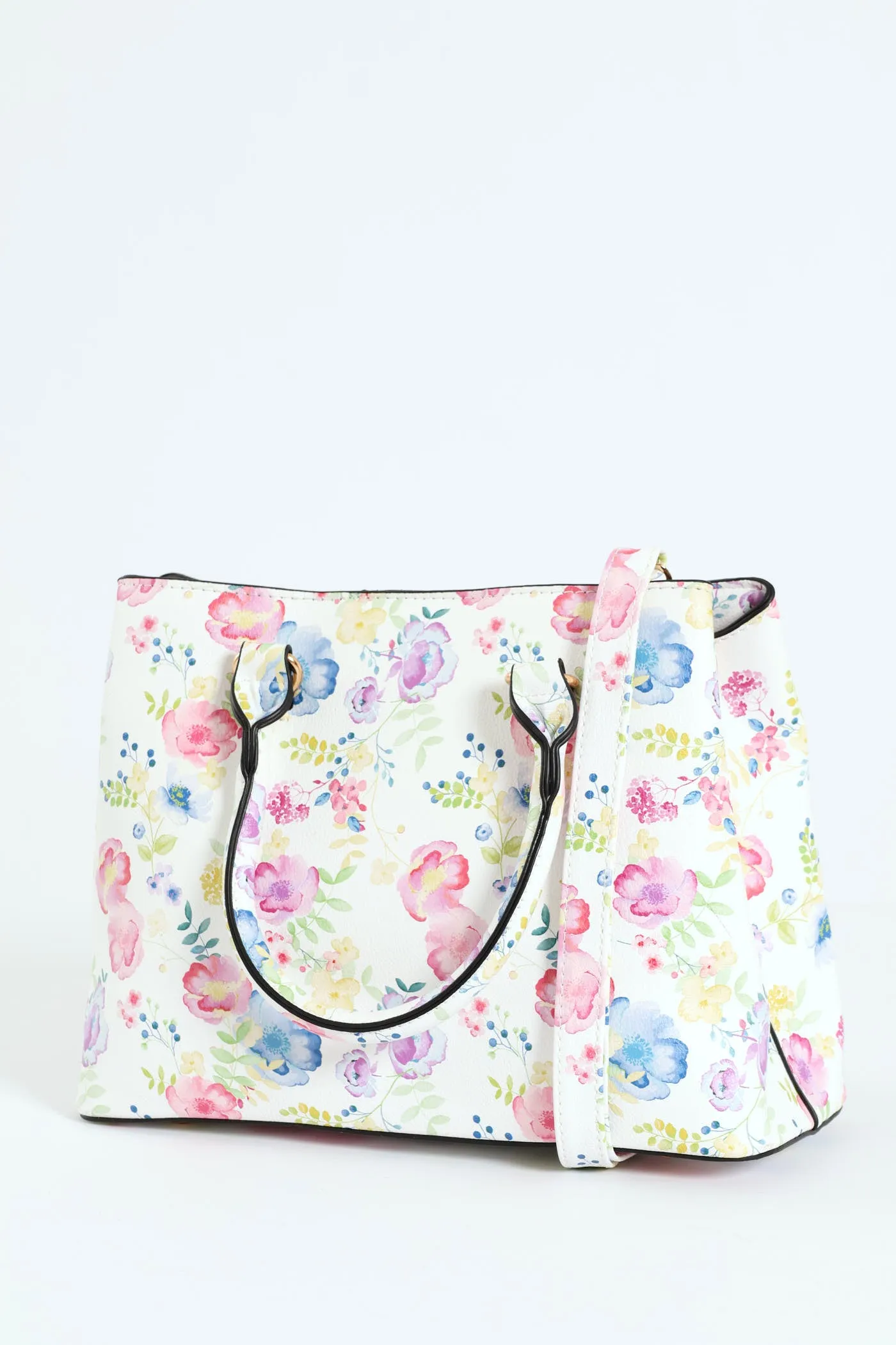 Floral Gold Trim Tote Bag - White