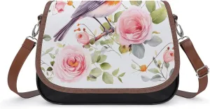 Floral Print Watercolor Robin Bird Shoulder Bag for Women, Leather Crossbody Bag Adjustable Removable Shoulder Strap, Hands-Free Bags