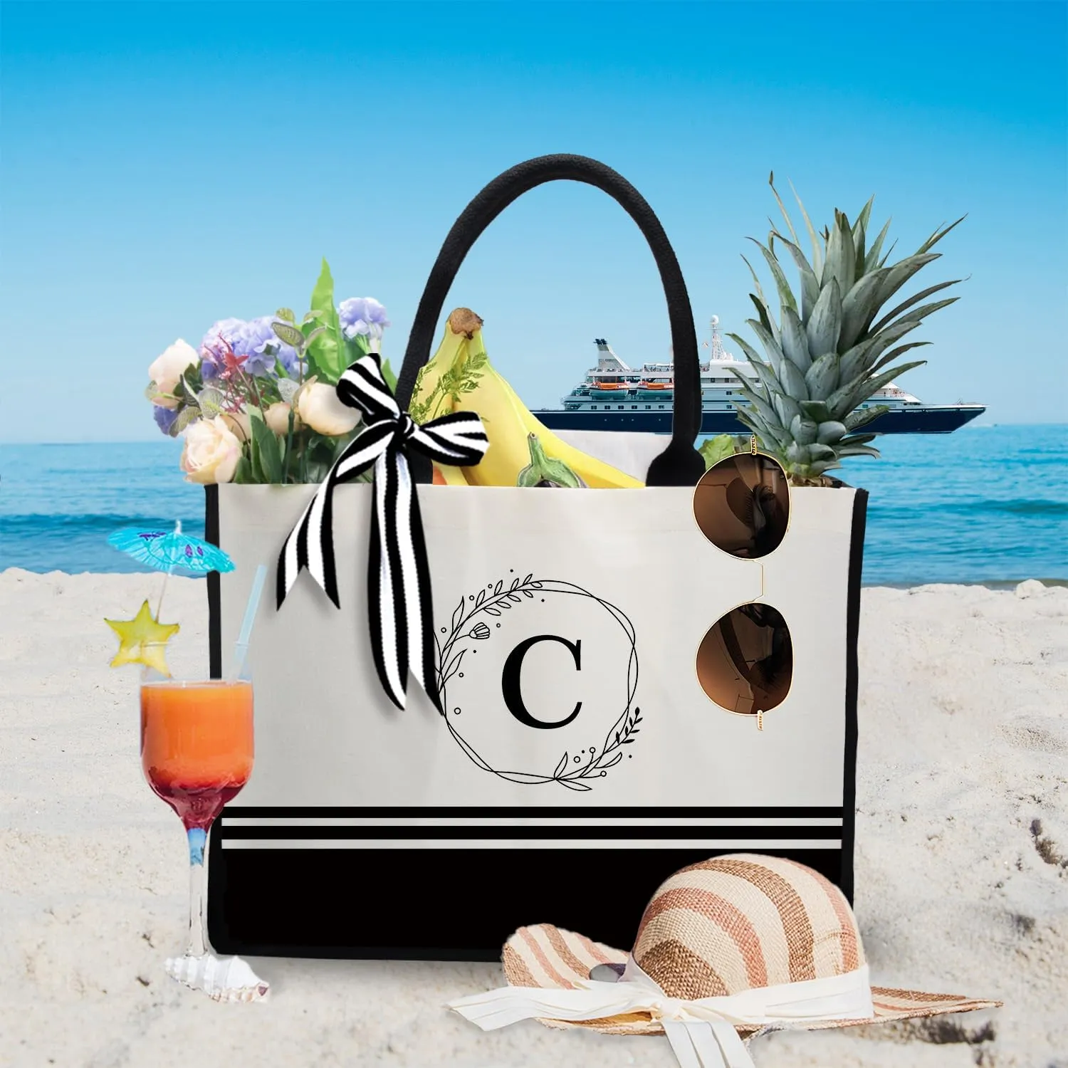 FOURTH WING Personalized Initial Canvas Beach Bag,Monogrammed Gift Tote Bag for Women,Gift for Birthday Wedding Bridesmaid