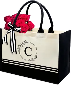 FOURTH WING Personalized Initial Canvas Beach Bag,Monogrammed Gift Tote Bag for Women,Gift for Birthday Wedding Bridesmaid