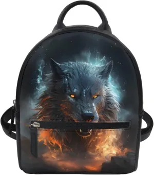 Fox Wolf Backpack for Teenager Boys Mens Lightweight Pu Leather Small Daypack School Bags for Traveling,Anger Wolf