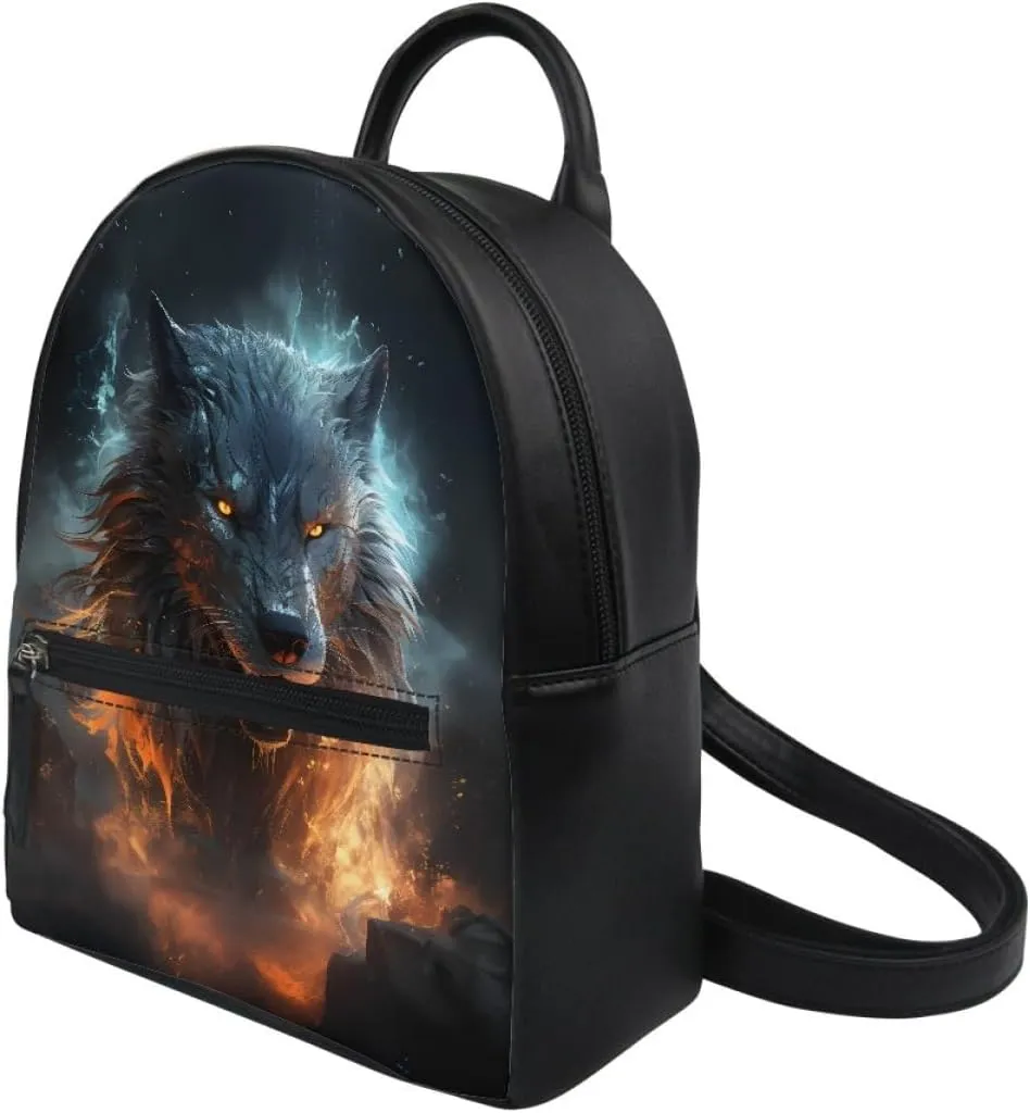 Fox Wolf Backpack for Teenager Boys Mens Lightweight Pu Leather Small Daypack School Bags for Traveling,Anger Wolf