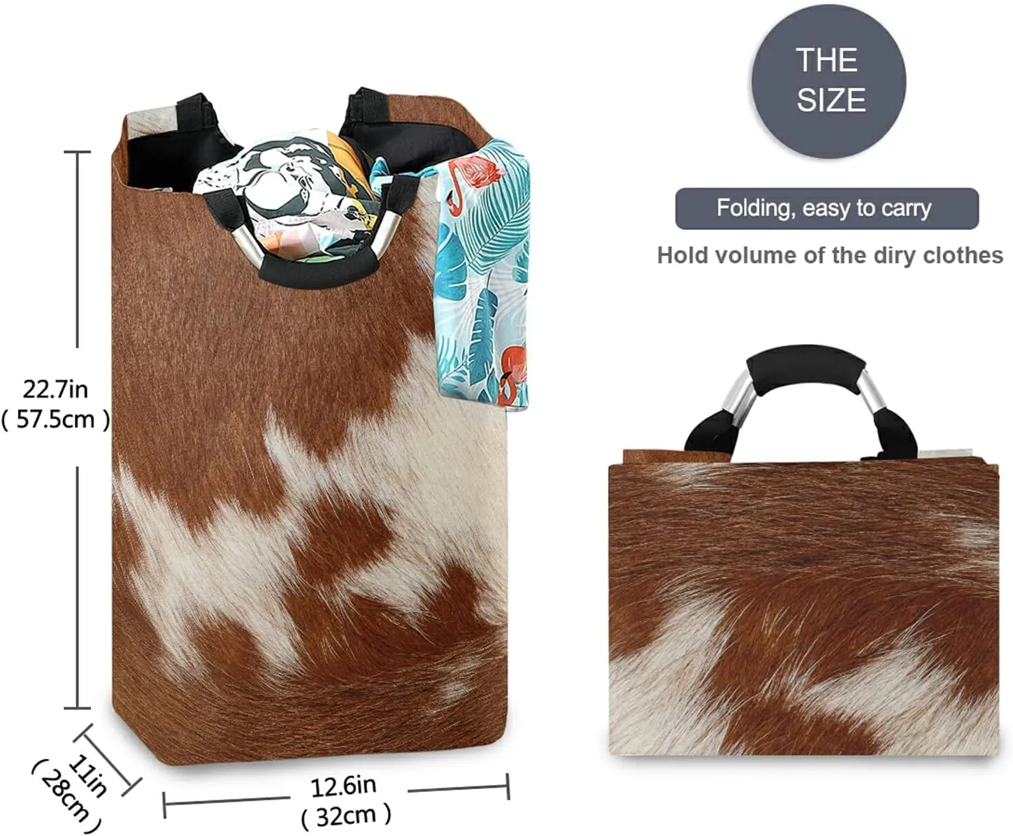 Fragment of a Skin of a Cow Brown White Mixed Color Real Cow Skin Laundry Hamper Basket Bucket, Foldable Dirty Clothes Bag, Waterproof Fabric Washing Bin, Toy Storage with Handles for Bathroom