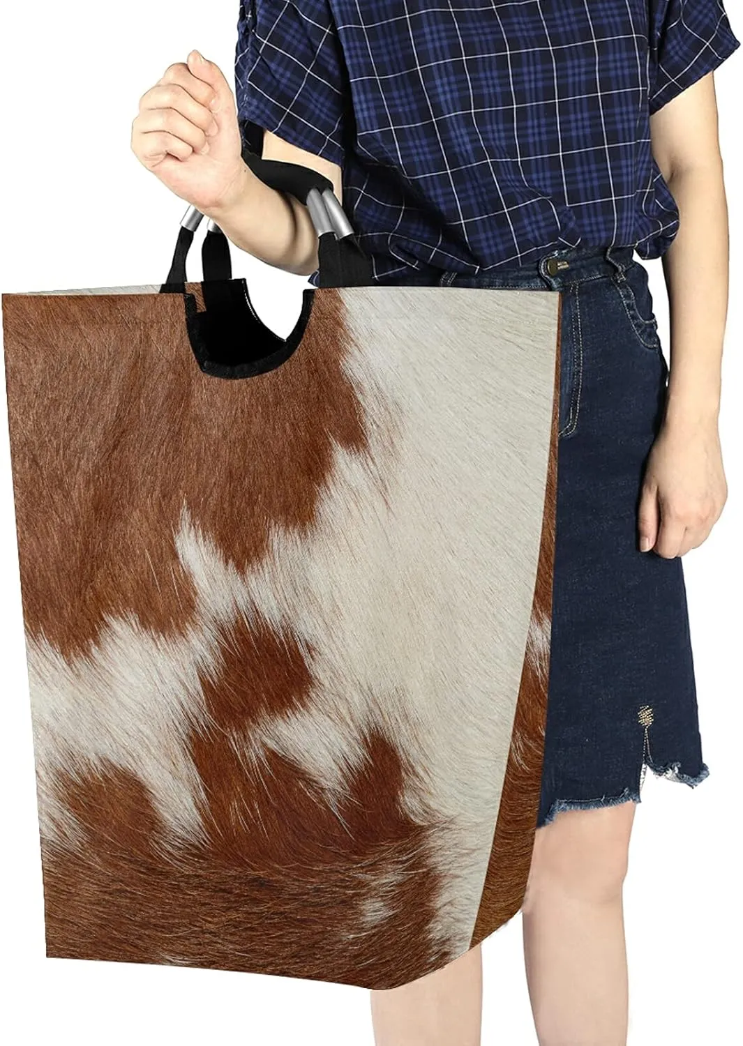 Fragment of a Skin of a Cow Brown White Mixed Color Real Cow Skin Laundry Hamper Basket Bucket, Foldable Dirty Clothes Bag, Waterproof Fabric Washing Bin, Toy Storage with Handles for Bathroom