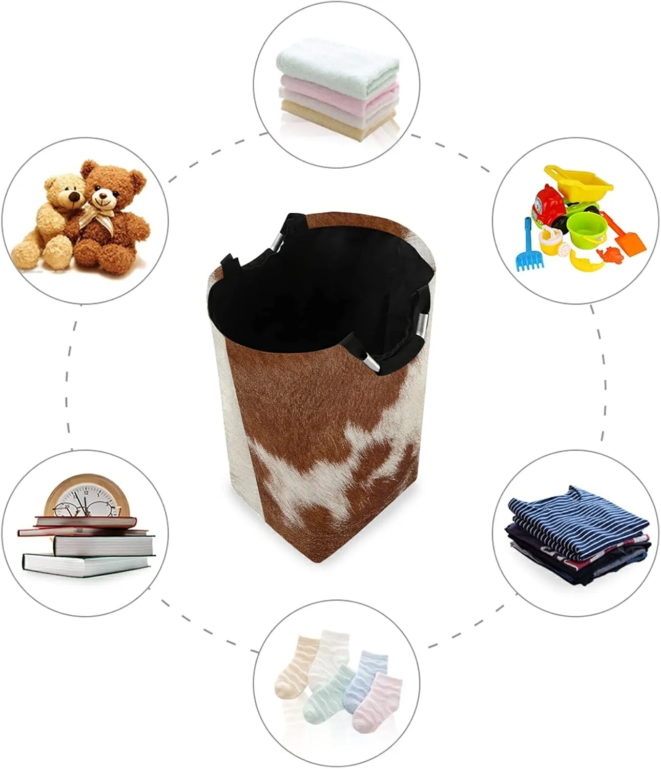 Fragment of a Skin of a Cow Brown White Mixed Color Real Cow Skin Laundry Hamper Basket Bucket, Foldable Dirty Clothes Bag, Waterproof Fabric Washing Bin, Toy Storage with Handles for Bathroom
