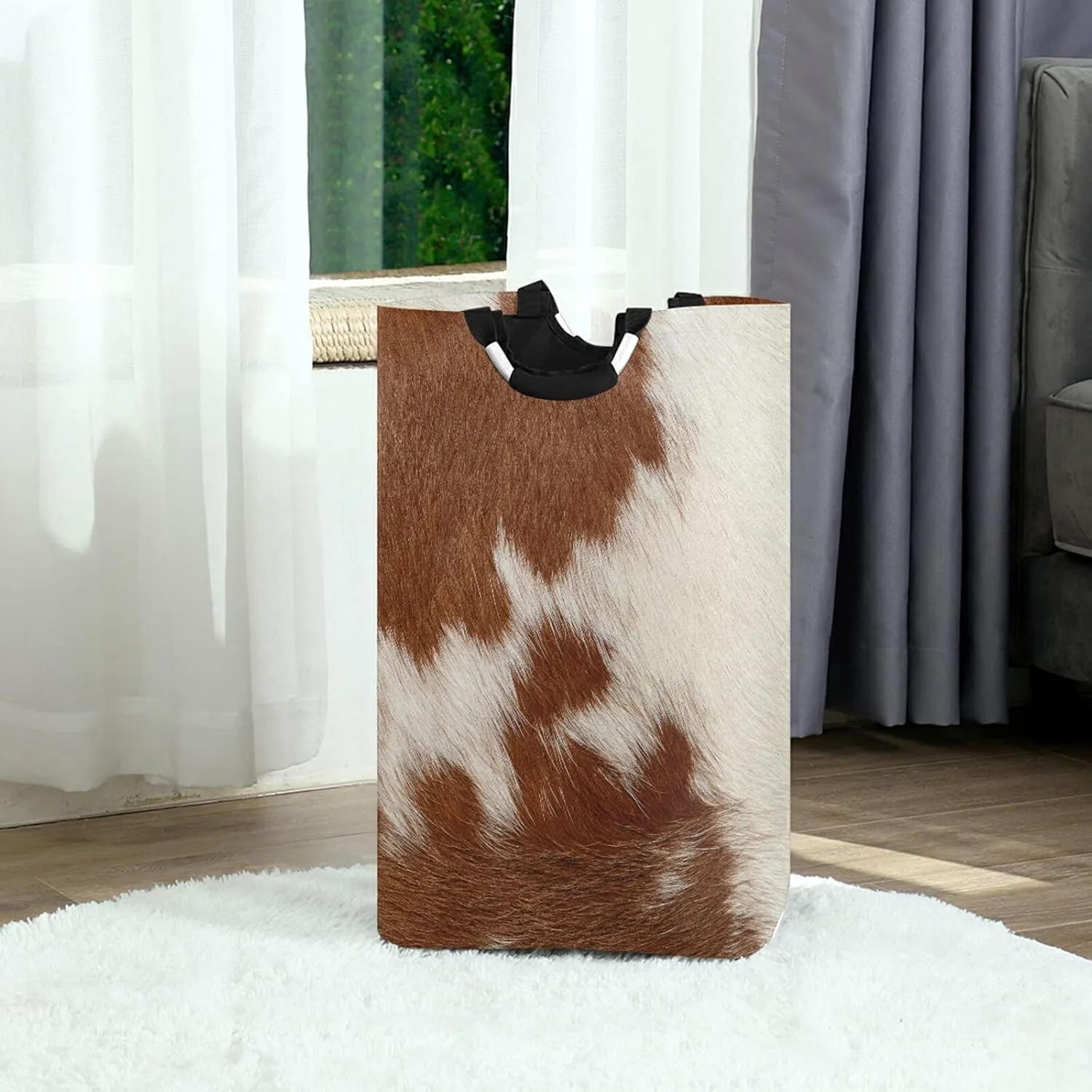 Fragment of a Skin of a Cow Brown White Mixed Color Real Cow Skin Laundry Hamper Basket Bucket, Foldable Dirty Clothes Bag, Waterproof Fabric Washing Bin, Toy Storage with Handles for Bathroom