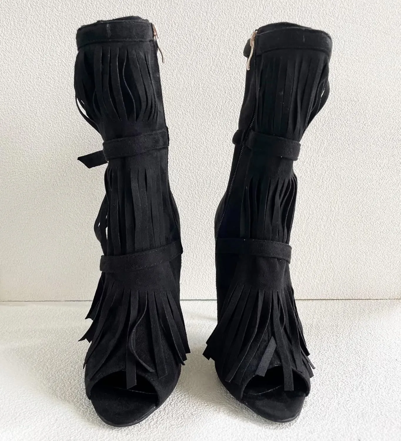 Frankie Hsu Stiletto High Heeled Ankle Boots, Sexy Black Faux Suede Gold Buckle Cowboy Tassel Fringe Thin Bootie, Big Size Fashion Designer Dressy Short Shoes For Women