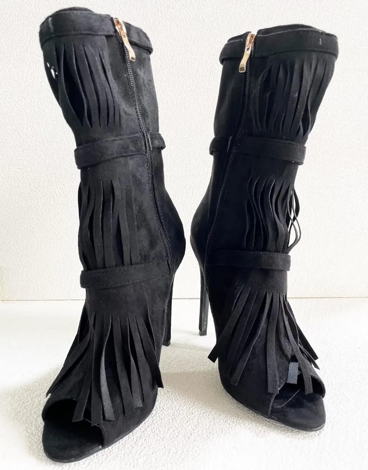 Frankie Hsu Stiletto High Heeled Ankle Boots, Sexy Black Faux Suede Gold Buckle Cowboy Tassel Fringe Thin Bootie, Big Size Fashion Designer Dressy Short Shoes For Women