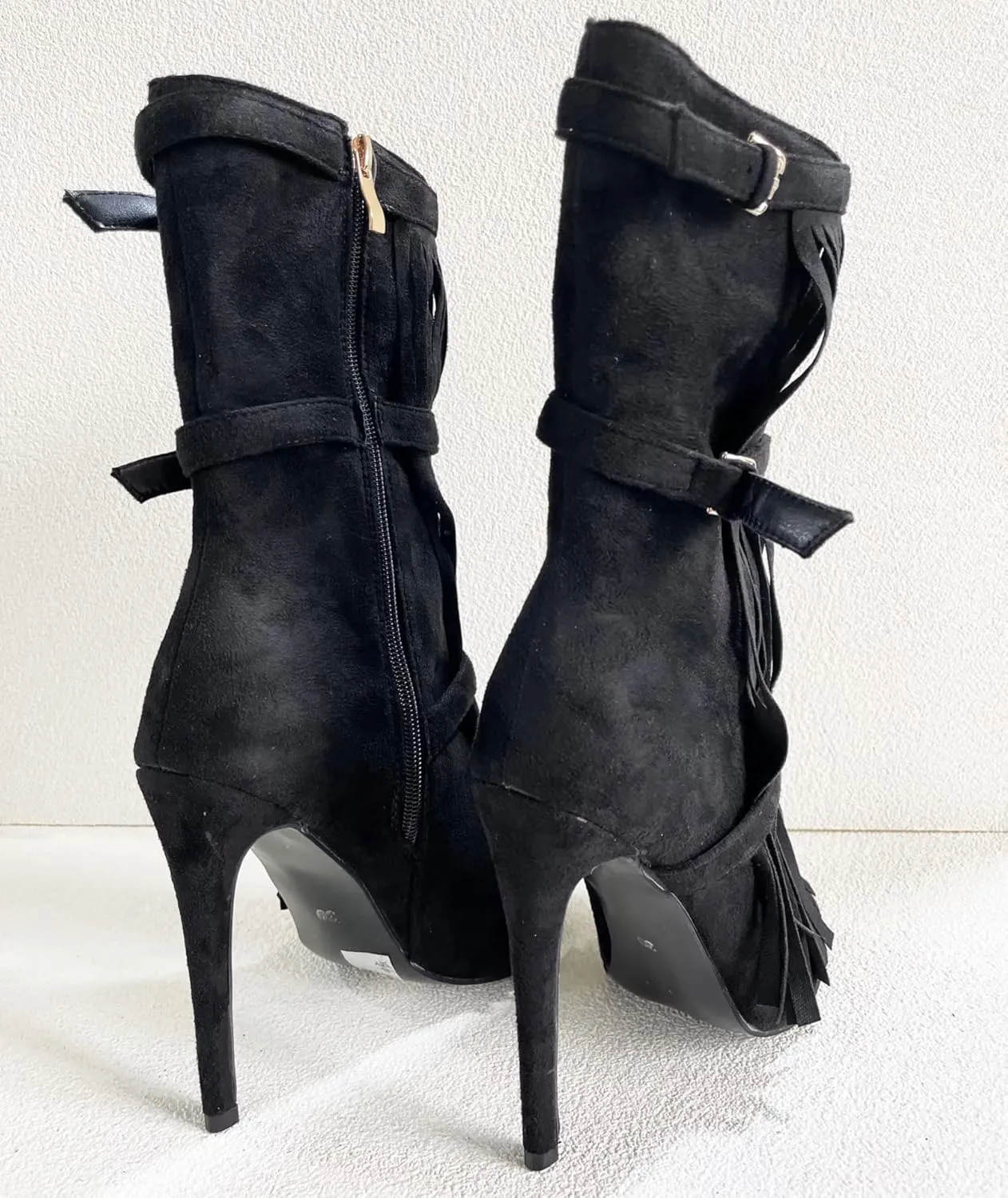 Frankie Hsu Stiletto High Heeled Ankle Boots, Sexy Black Faux Suede Gold Buckle Cowboy Tassel Fringe Thin Bootie, Big Size Fashion Designer Dressy Short Shoes For Women