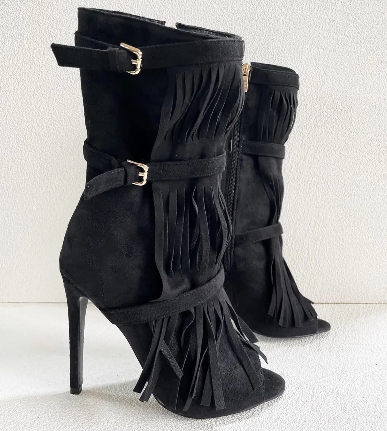 Frankie Hsu Stiletto High Heeled Ankle Boots, Sexy Black Faux Suede Gold Buckle Cowboy Tassel Fringe Thin Bootie, Big Size Fashion Designer Dressy Short Shoes For Women