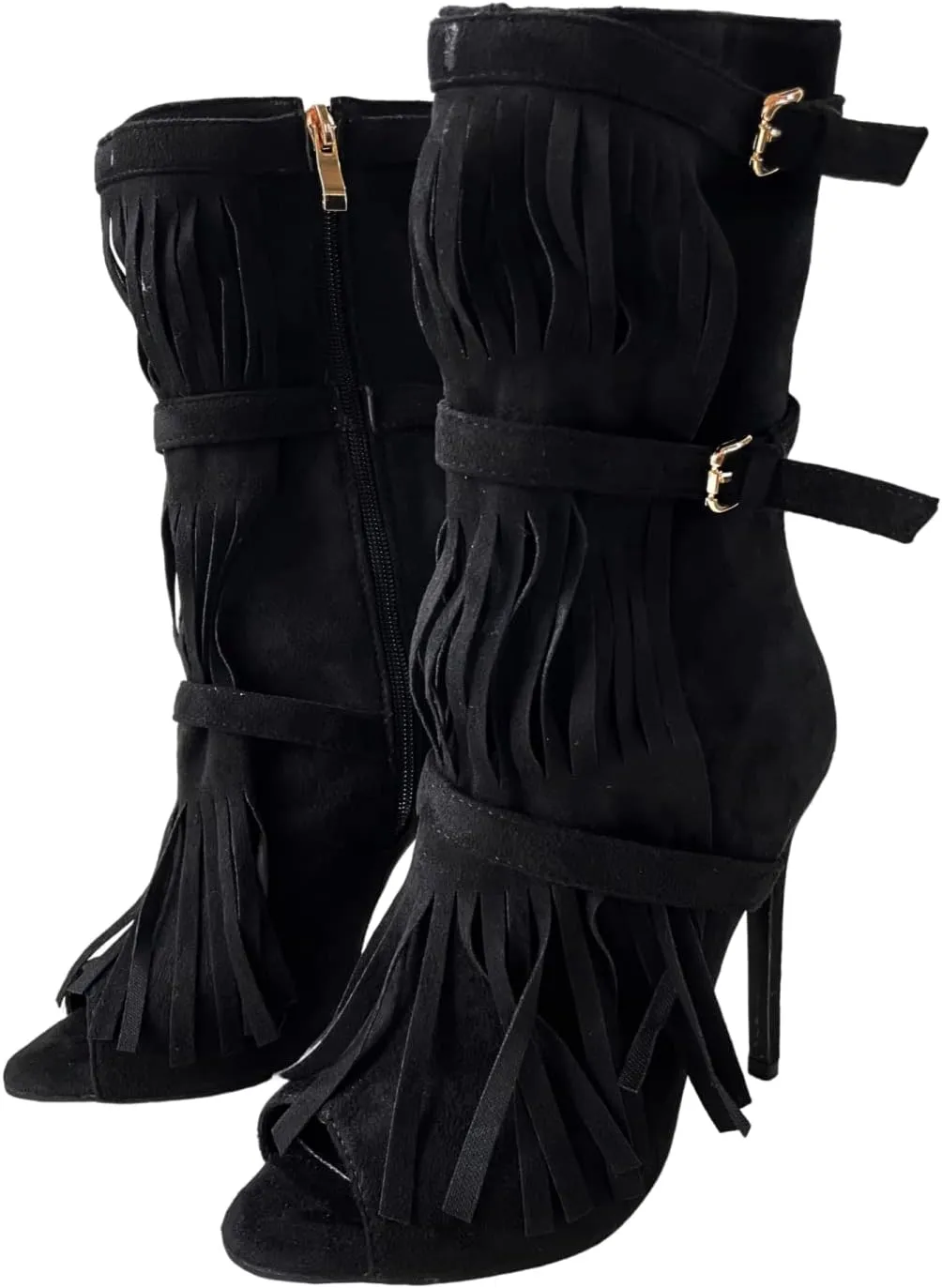 Frankie Hsu Stiletto High Heeled Ankle Boots, Sexy Black Faux Suede Gold Buckle Cowboy Tassel Fringe Thin Bootie, Big Size Fashion Designer Dressy Short Shoes For Women