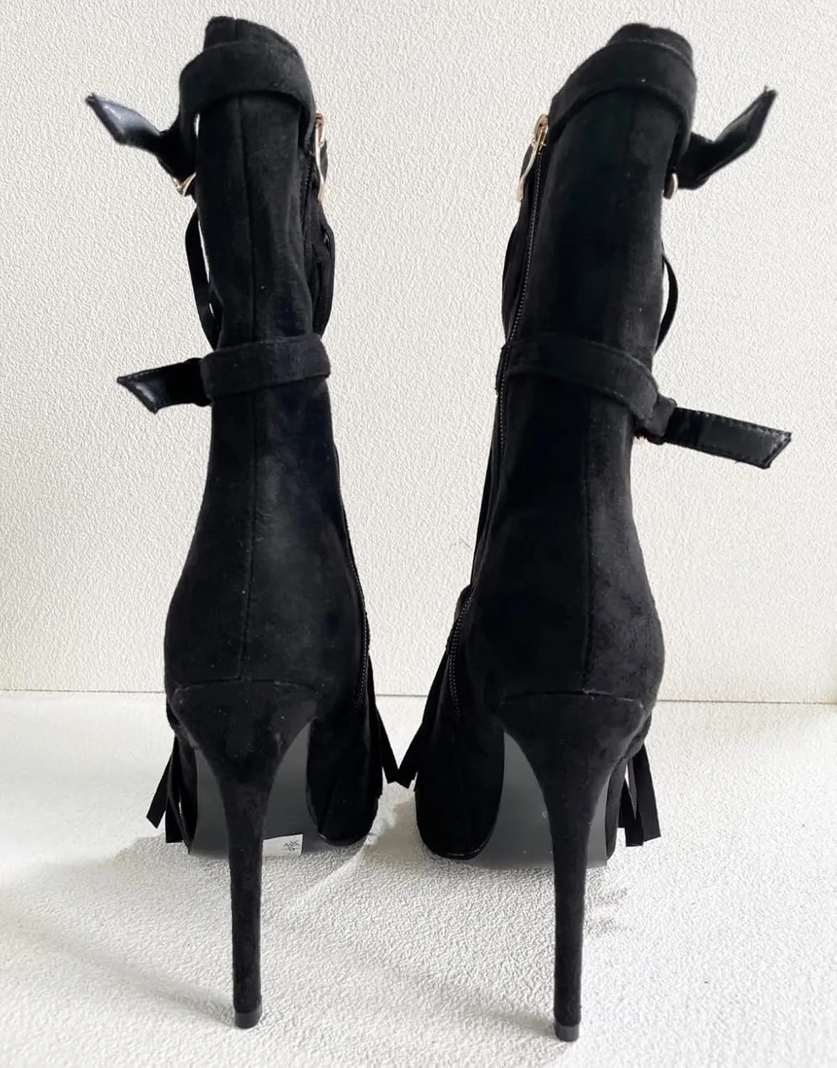 Frankie Hsu Stiletto High Heeled Ankle Boots, Sexy Black Faux Suede Gold Buckle Cowboy Tassel Fringe Thin Bootie, Big Size Fashion Designer Dressy Short Shoes For Women