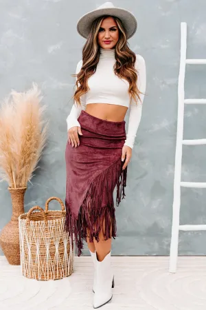 Freedom & Fringe Faux Suede Fringe Midi Skirt (Wine)