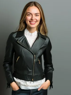 Fringe Detail Cropped Leather Moto Jacket