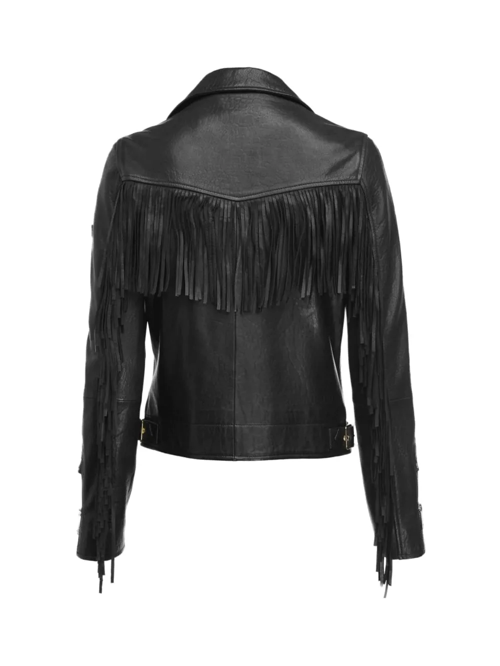 Fringe Detail Cropped Leather Moto Jacket
