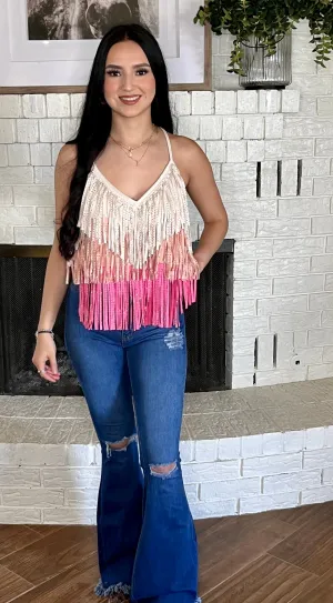 Fringe Suede Color Block Top