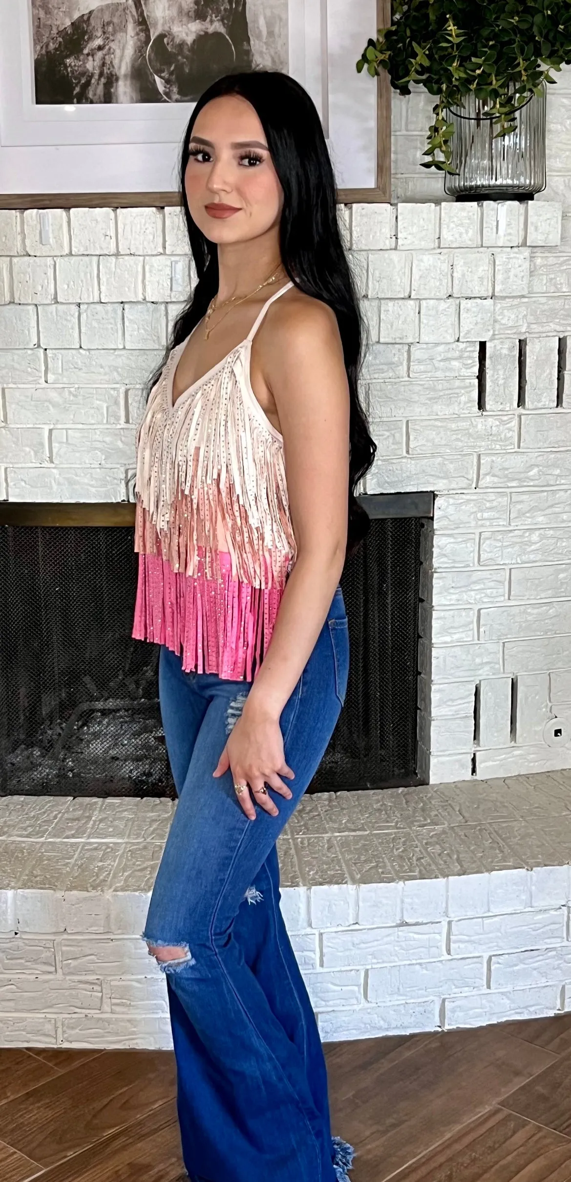 Fringe Suede Color Block Top