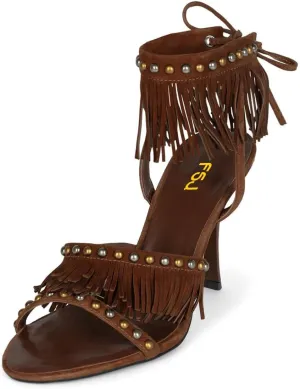 FSJ Women Tassels Heeled Sandals Open Toe Stiletto Heel with Fringe Metal Studs Lace-up Wedding Party Shoes Size 4-16 US