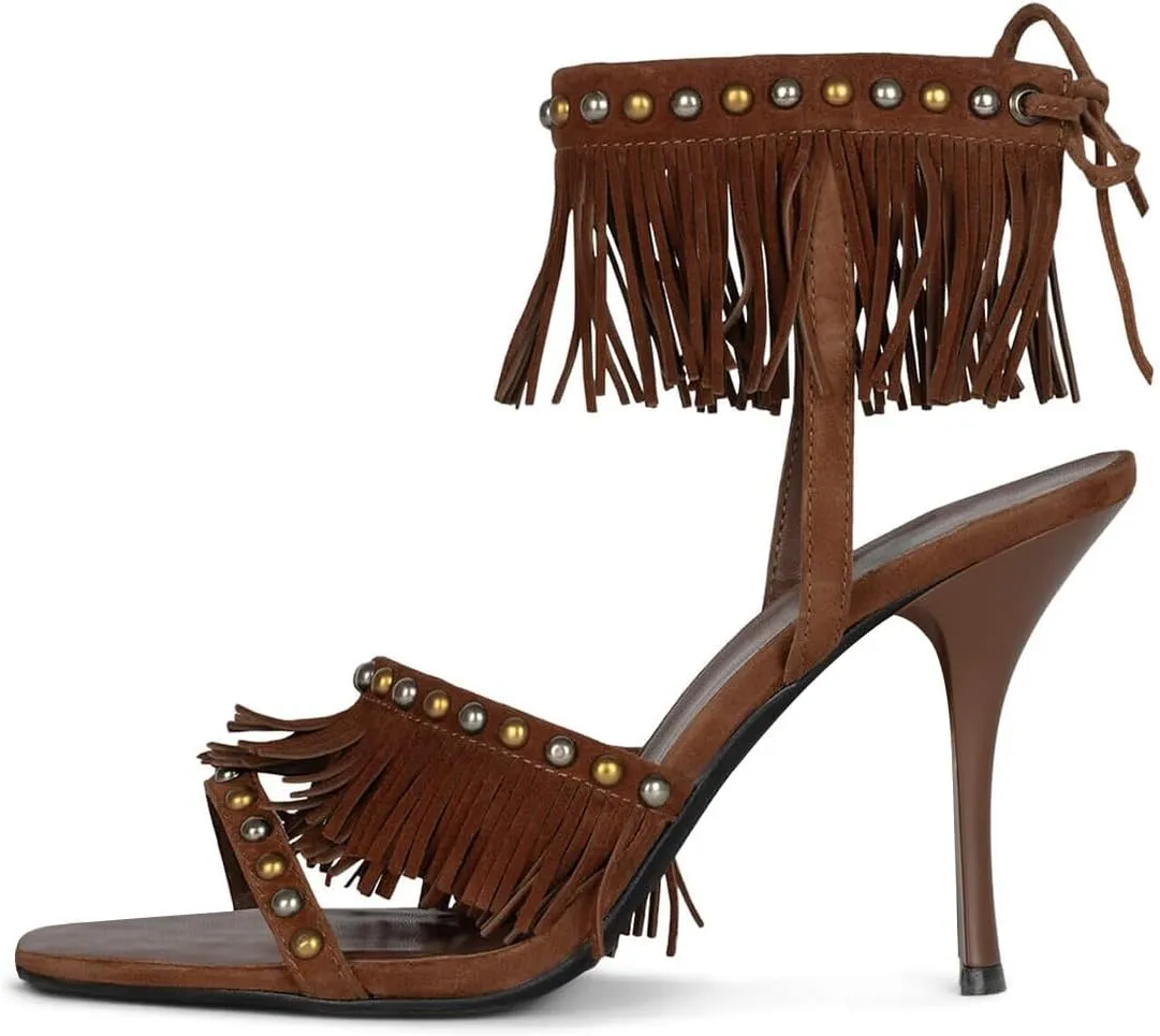 FSJ Women Tassels Heeled Sandals Open Toe Stiletto Heel with Fringe Metal Studs Lace-up Wedding Party Shoes Size 4-16 US