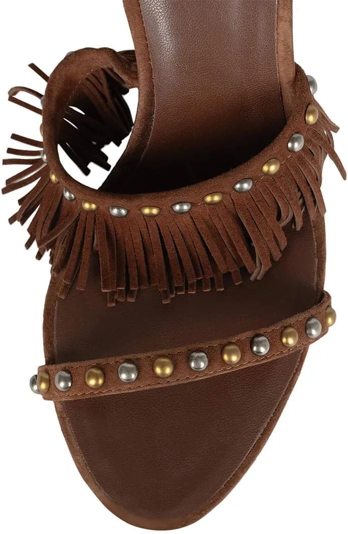 FSJ Women Tassels Heeled Sandals Open Toe Stiletto Heel with Fringe Metal Studs Lace-up Wedding Party Shoes Size 4-16 US