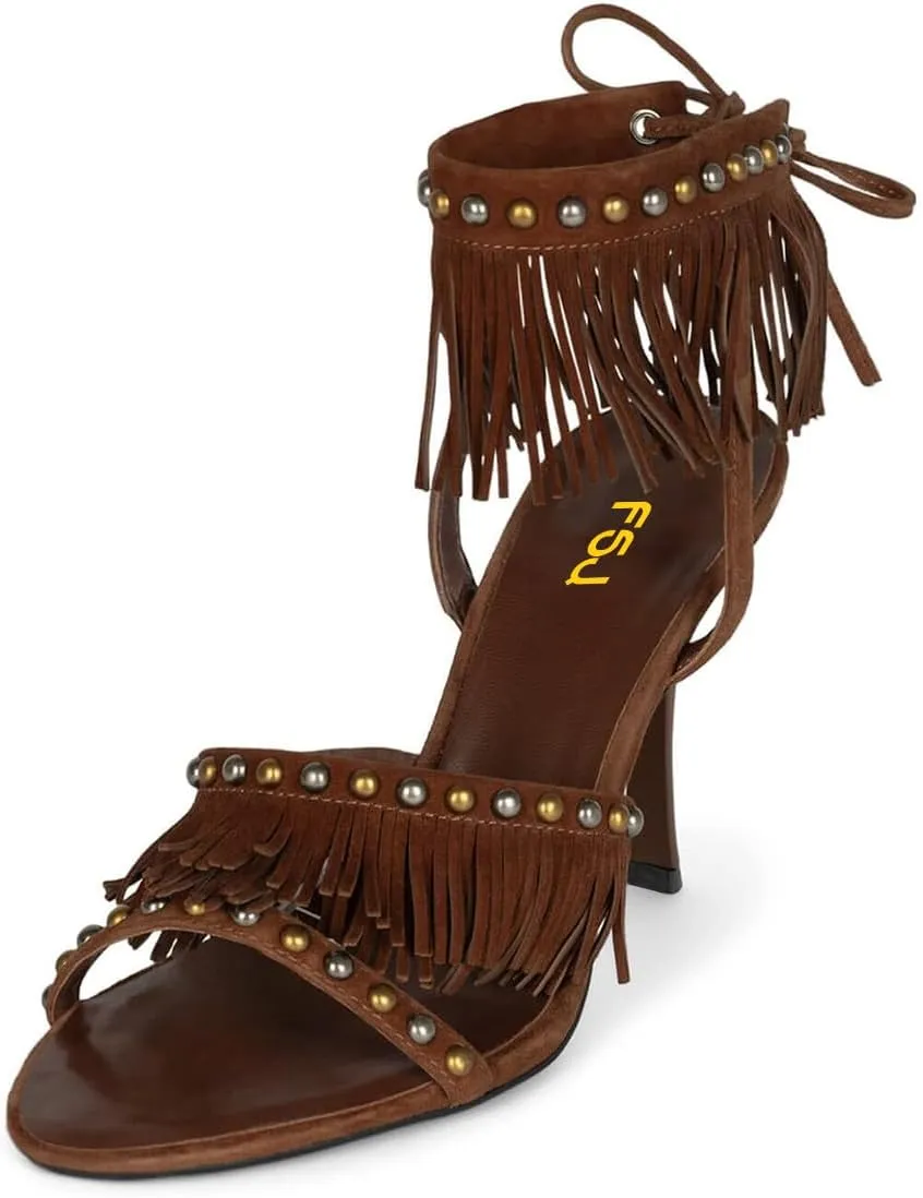 FSJ Women Tassels Heeled Sandals Open Toe Stiletto Heel with Fringe Metal Studs Lace-up Wedding Party Shoes Size 4-16 US
