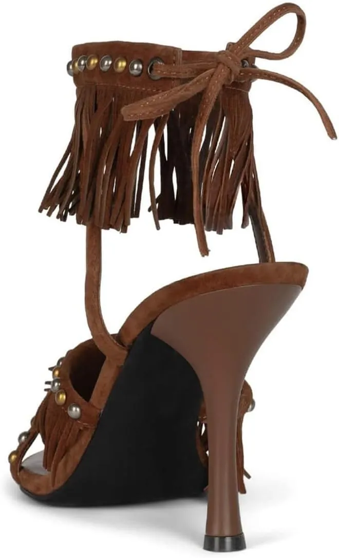 FSJ Women Tassels Heeled Sandals Open Toe Stiletto Heel with Fringe Metal Studs Lace-up Wedding Party Shoes Size 4-16 US