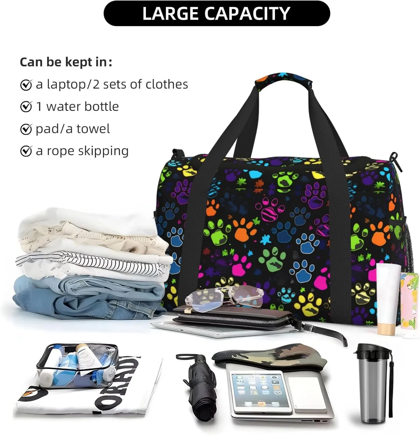 Funny Paw Print Dog Travel Weekender Overnight Bags Foldable Hand Travel Bag Sport Gym Duffel Bag For Men Women