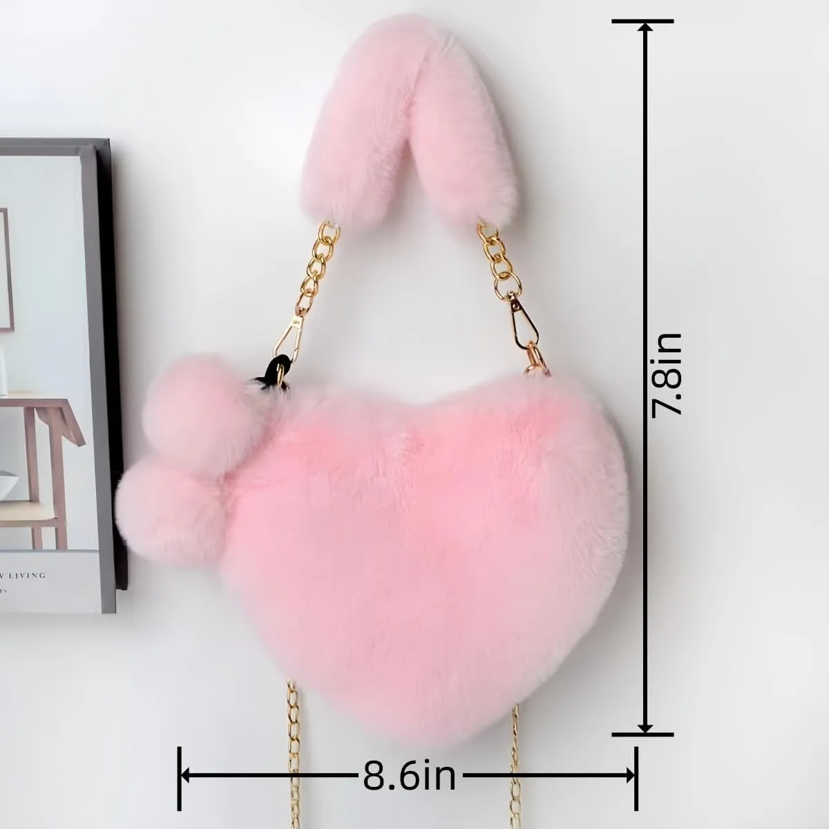 Furry Clutch Purses for Women Heart Shaped Fluffy Crossbody Bag Purse with Chain.