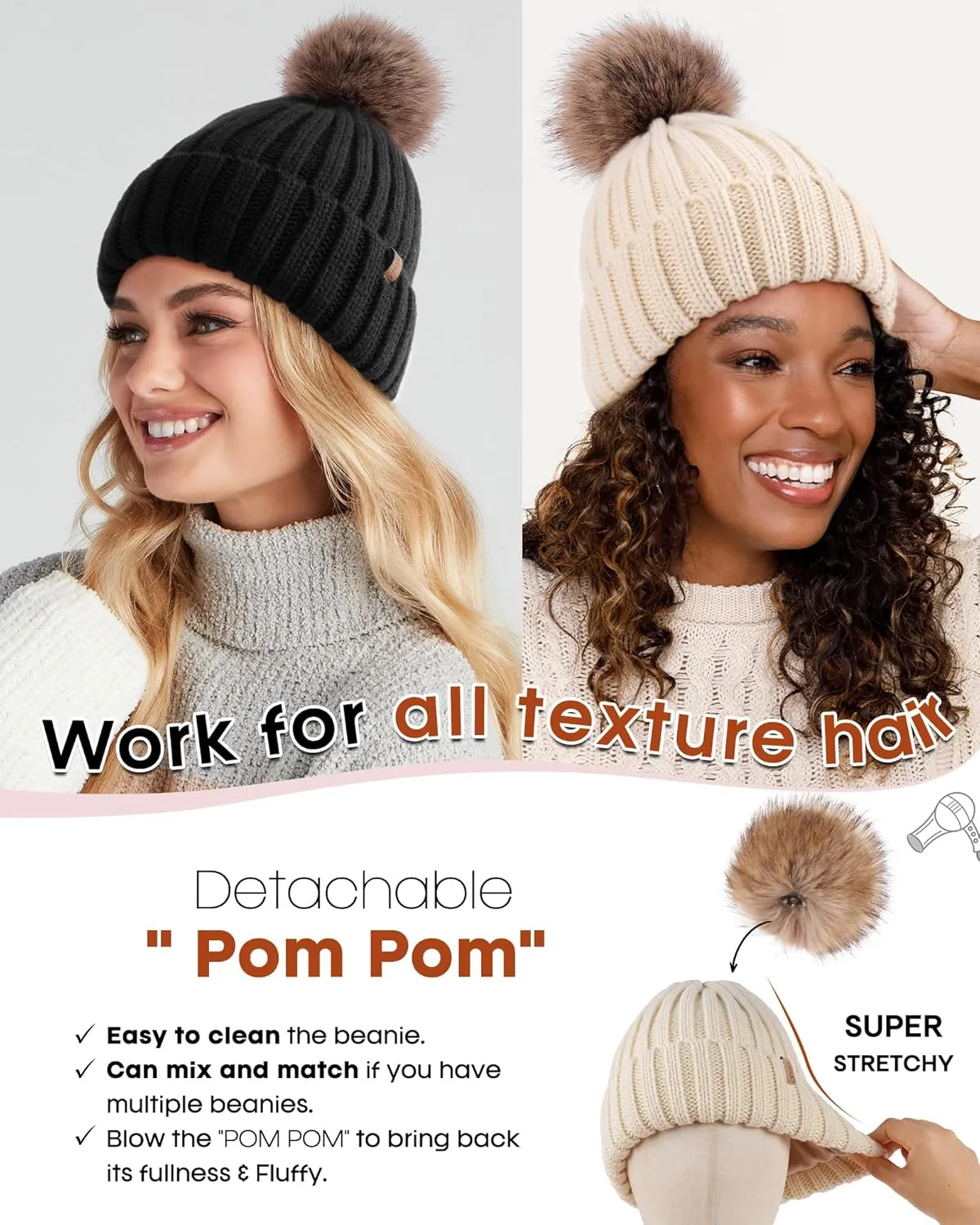 FURTALK Womens Winter Beanie Hat Satin Lined Faux Fur Pom Pom Beanies Hat for Women Winter Warm Knit Hats