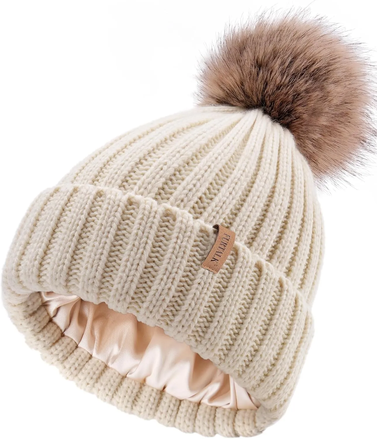 FURTALK Womens Winter Beanie Hat Satin Lined Faux Fur Pom Pom Beanies Hat for Women Winter Warm Knit Hats