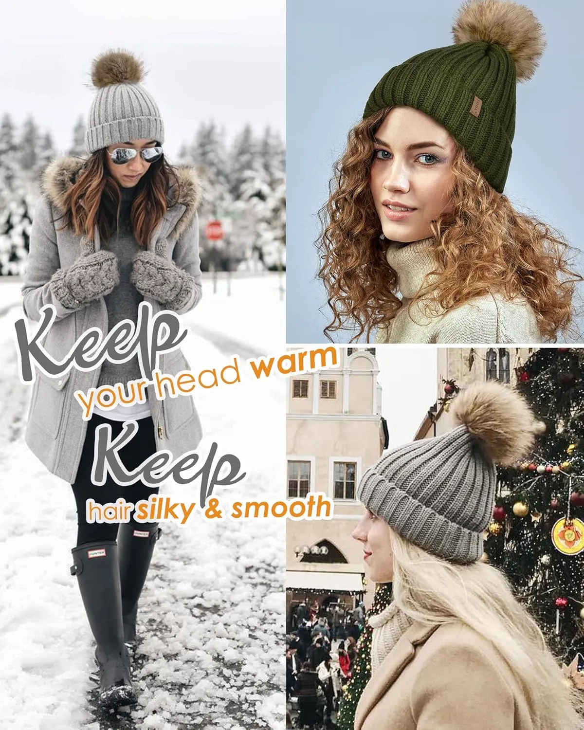 FURTALK Womens Winter Beanie Hat Satin Lined Faux Fur Pom Pom Beanies Hat for Women Winter Warm Knit Hats