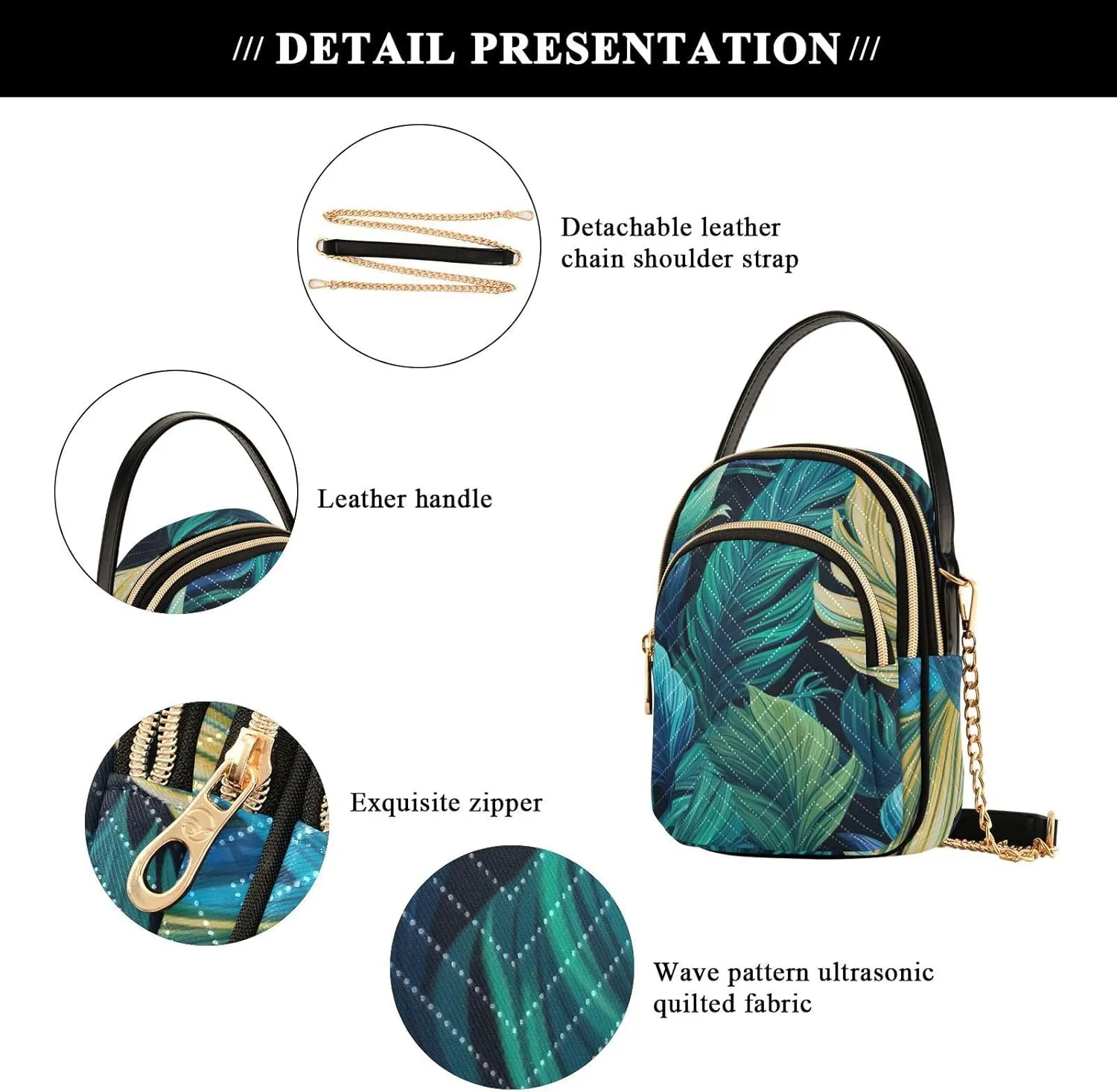GAIGEO Colorful Tropical Leaves Crossbody Handbag with Chain Strap, Women's Crossbody Bag, Small Crossbody Purses for Women