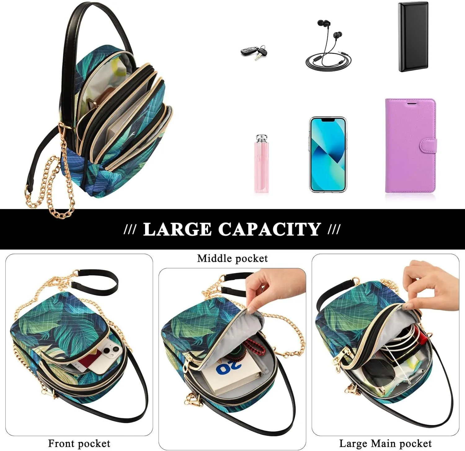 GAIGEO Colorful Tropical Leaves Crossbody Handbag with Chain Strap, Women's Crossbody Bag, Small Crossbody Purses for Women