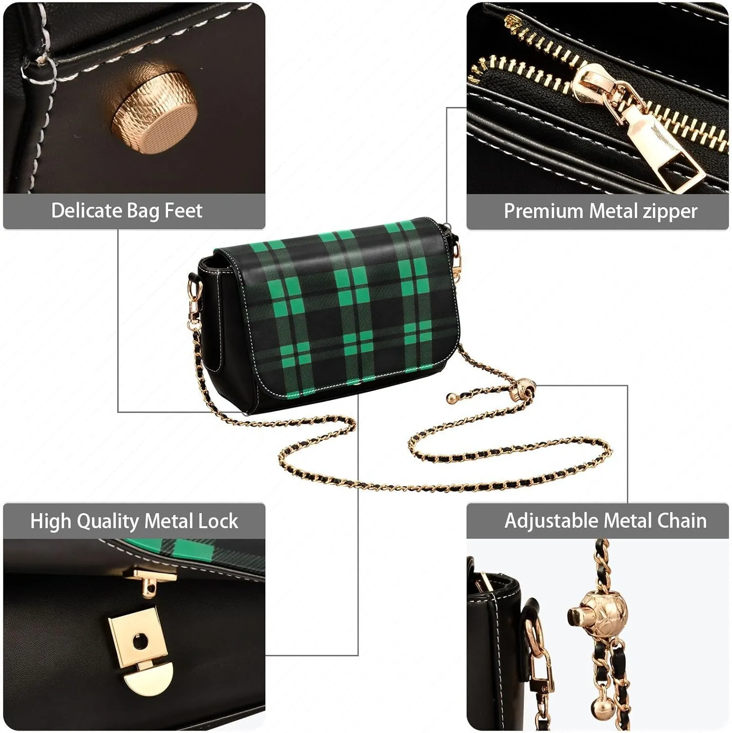 GAIGEO Green and Black Tartan Texture Pu Leather Crossbody Bag, Crossbody Bags for Women Leather