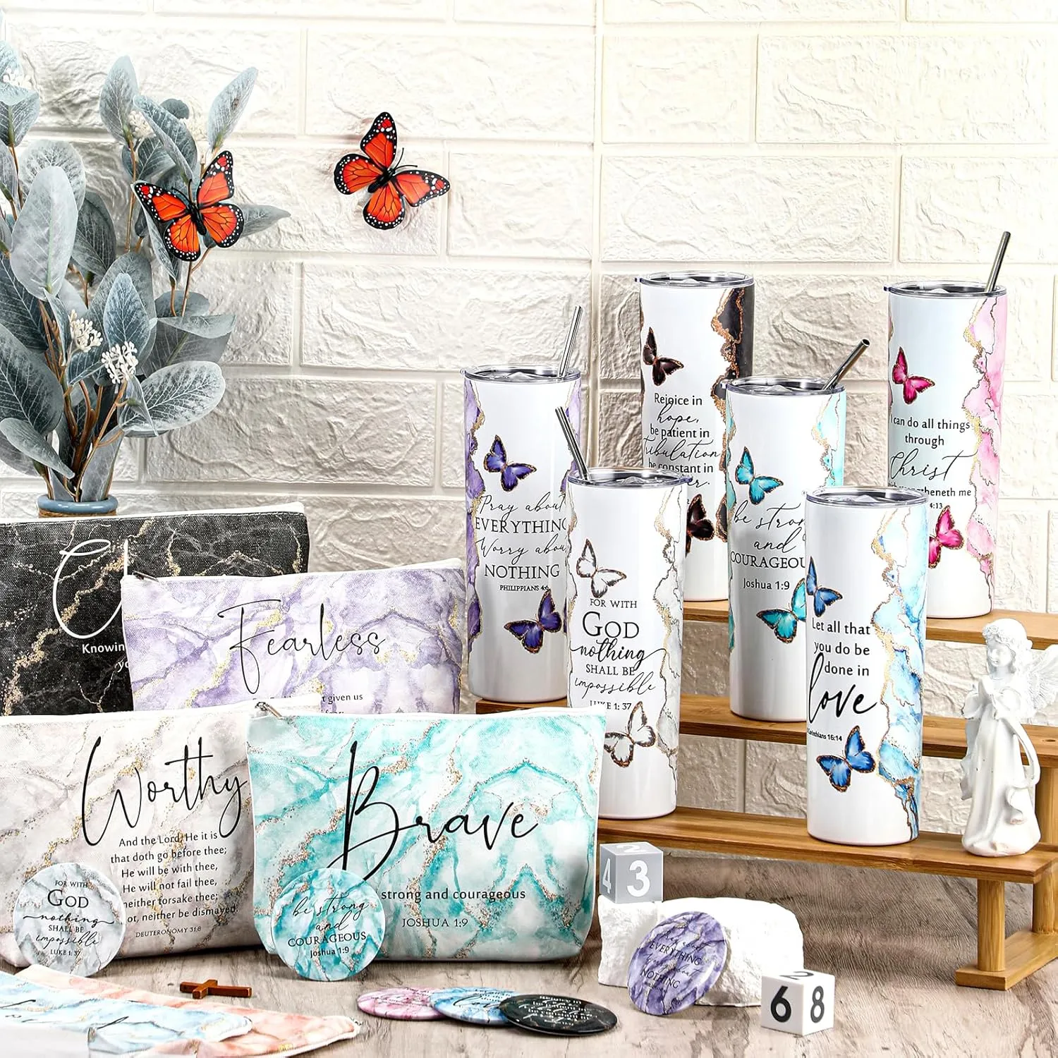 Geiserailie 18 Pcs Christian Gifts for Women 20 oz Marble Tumbler, Makeup Bag, Pocket Mirrors, Inspirational Bible Verse Gift Set for Mother's Day, Church, Sunday School (Multicolor)
