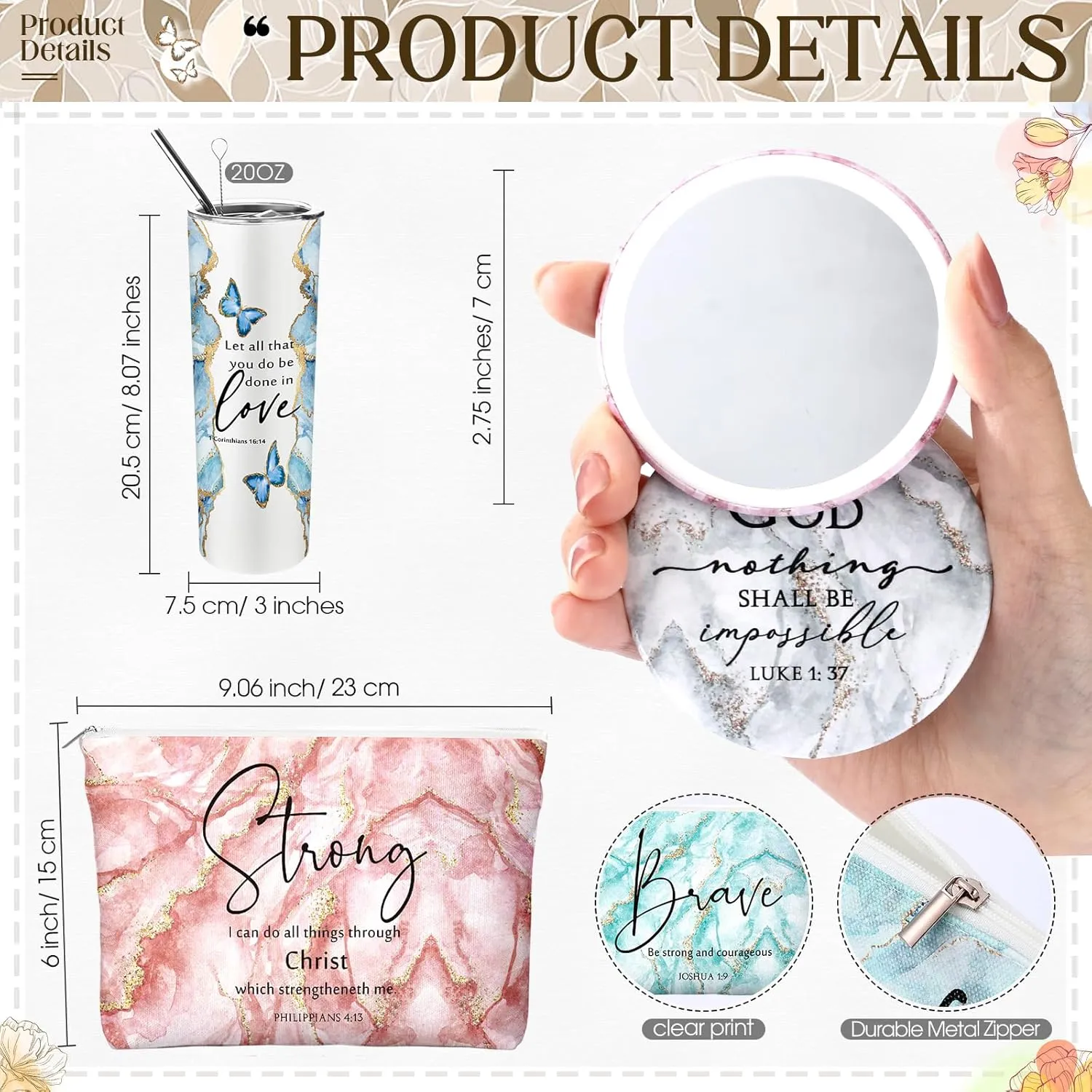 Geiserailie 18 Pcs Christian Gifts for Women 20 oz Marble Tumbler, Makeup Bag, Pocket Mirrors, Inspirational Bible Verse Gift Set for Mother's Day, Church, Sunday School (Multicolor)