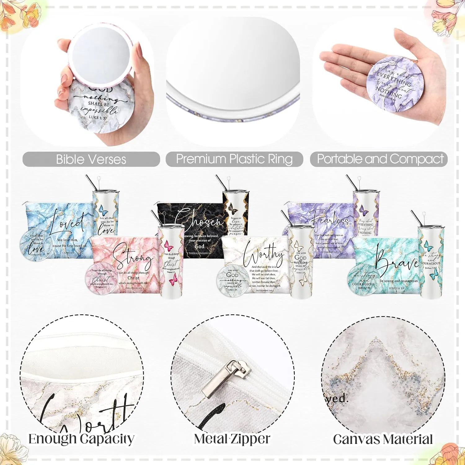 Geiserailie 18 Pcs Christian Gifts for Women 20 oz Marble Tumbler, Makeup Bag, Pocket Mirrors, Inspirational Bible Verse Gift Set for Mother's Day, Church, Sunday School (Multicolor)