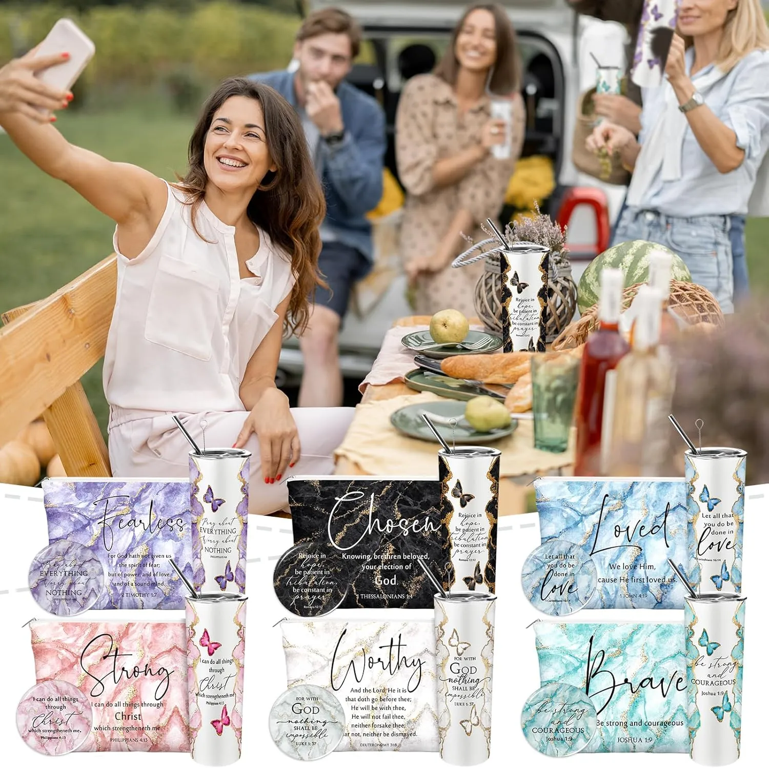 Geiserailie 18 Pcs Christian Gifts for Women 20 oz Marble Tumbler, Makeup Bag, Pocket Mirrors, Inspirational Bible Verse Gift Set for Mother's Day, Church, Sunday School (Multicolor)
