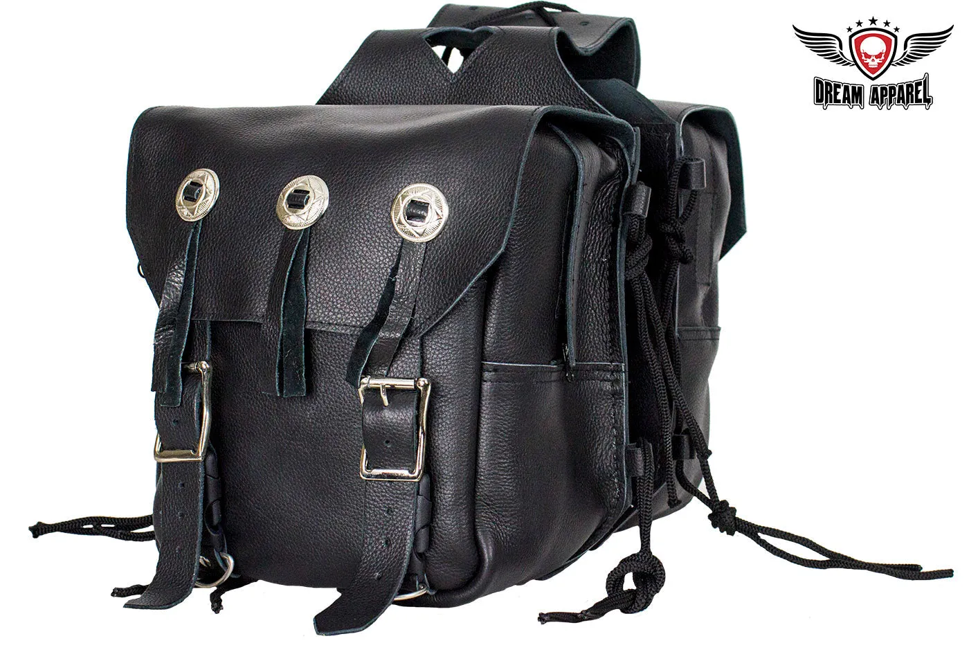 Genuine Black Leather Saddlebag with Conchos