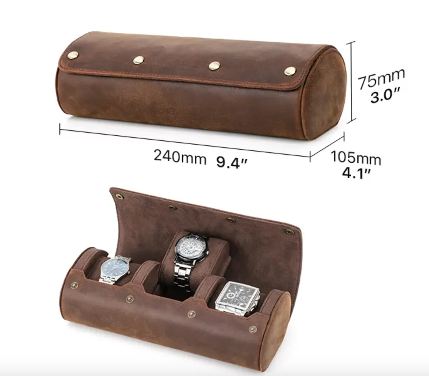 Genuine Leather 3-Slot Watch Roll