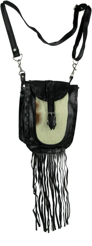 Genuine Leather Hair-On Hide Trim Fringed Crossbody Bag Small