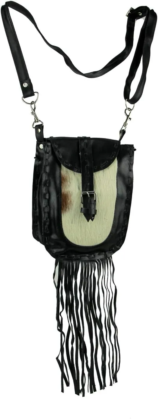 Genuine Leather Hair-On Hide Trim Fringed Crossbody Bag Small