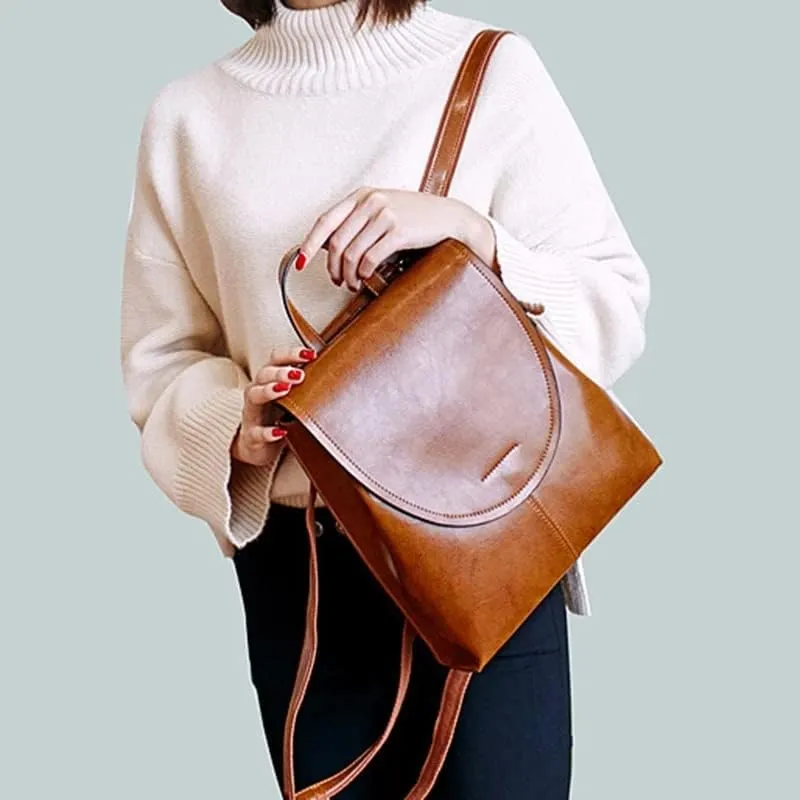 Genuine Leather Women Rucksack Knapsack Shoulder Cross Body Bags Oil Wax Daypack Backpack (A One Size)
