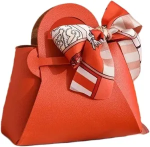 Gift Bags 50PCS Leather Gift Bags Bow Ribbon Packaging Bag Wedding Favour Distributions Bags Christmas Candy Packaging Box Handbag(Orange,Large)