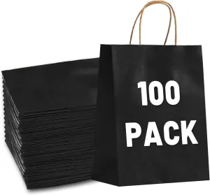 Gift Bags 8.25"x5.9 "x3.15" 100Pcs Paper Bags with Handles,kraft paper Bags for Small Business Christmas Bulk Bags, Wedding Party Favor Bags,Shopping Lunch Bags, Halloween Trick-or-Treat Bags (Black)