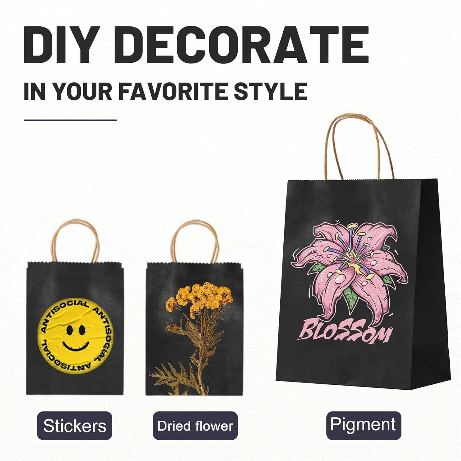 Gift Bags 8.25"x5.9 "x3.15" 100Pcs Paper Bags with Handles,kraft paper Bags for Small Business Christmas Bulk Bags, Wedding Party Favor Bags,Shopping Lunch Bags, Halloween Trick-or-Treat Bags (Black)