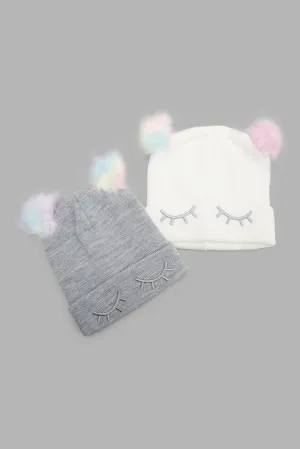 Girls Assorted Pom Pom Embellished Fur Knitted Cap (Pack Of 2)