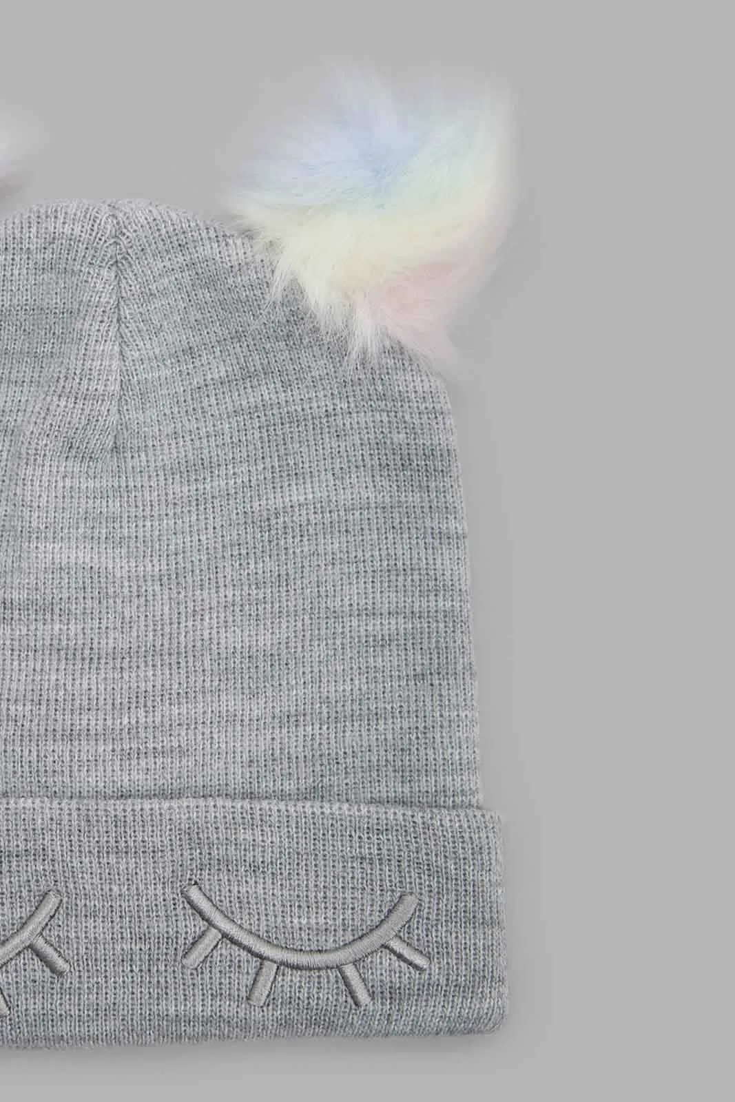 Girls Assorted Pom Pom Embellished Fur Knitted Cap (Pack Of 2)